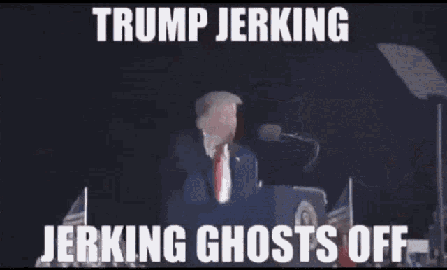 a man in a suit and tie is standing in front of a crowd and a sign that says trump jerking