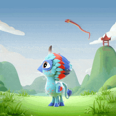 a cartoon illustration of a blue and red dragon with a red dragon flying in the background
