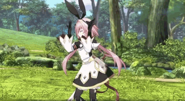 a girl in a maid outfit is standing in the grass