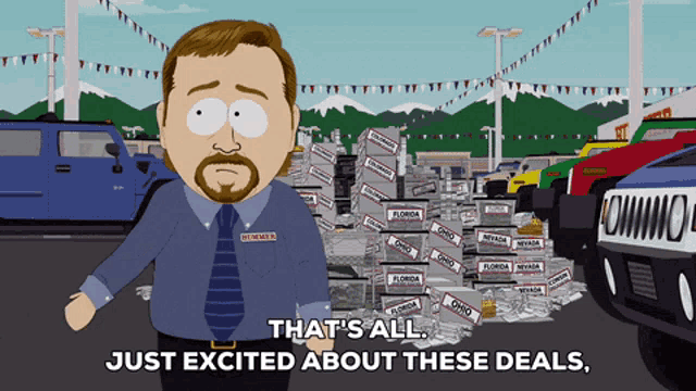 a cartoon character says " that 's all just excited about these deals " in a parking lot