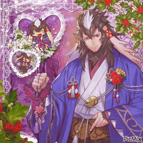 a picture of a man in a blue kimono has the word picmix on it