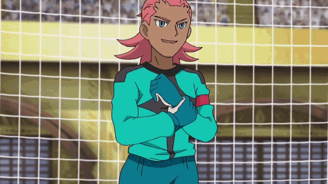 a cartoon character with pink hair is standing in front of a fence