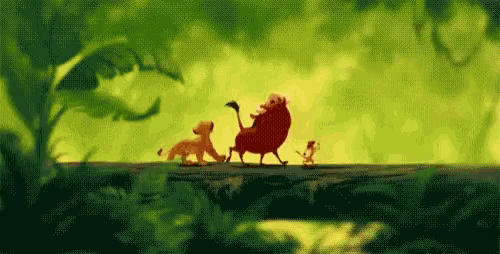 the lion king is a cartoon of a lion , simba , and timon walking across a bridge .