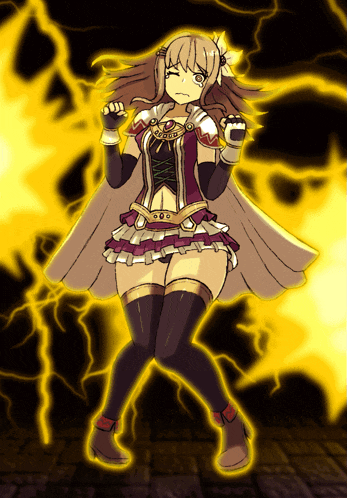 a drawing of a girl standing in front of a yellow lightning bolt