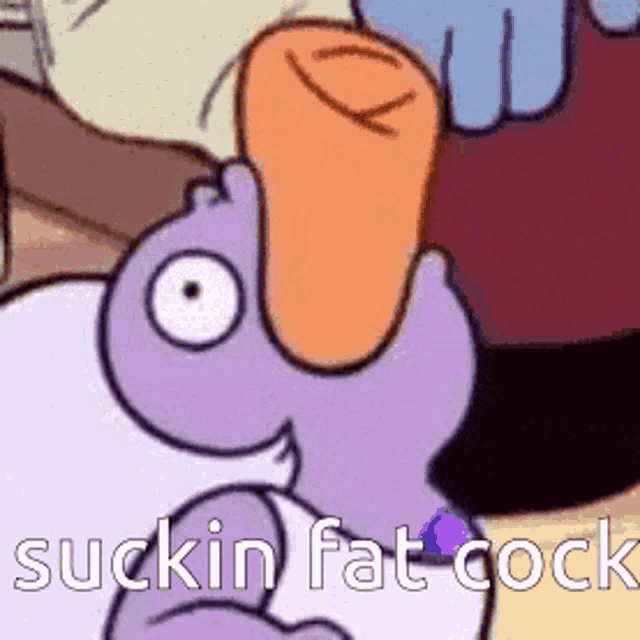 a purple cartoon character is holding a carrot in its mouth and says sukin fat cock .