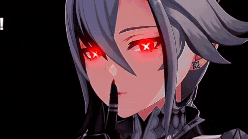 a close up of a anime character with red eyes