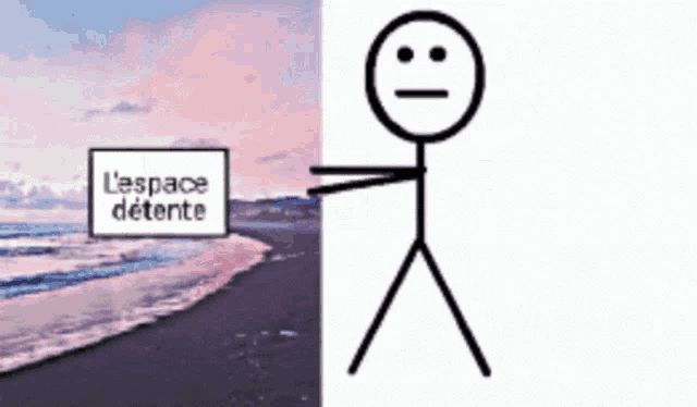 a stick figure stands in front of a sign that says l' espace detente