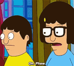 two cartoon characters are standing next to each other and one of them is saying oh phew