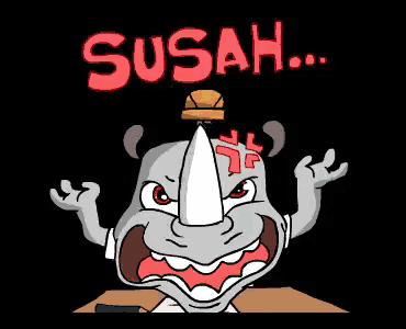 a cartoon of an angry rhino with the word susah written above it