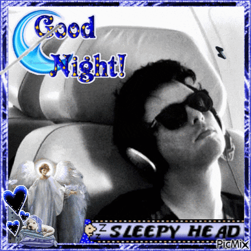 a picture of a man wearing sunglasses and headphones with the words good night written above him