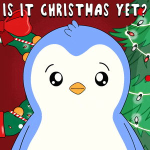 a penguin is standing in front of a christmas tree with the words is it christmas yet below it