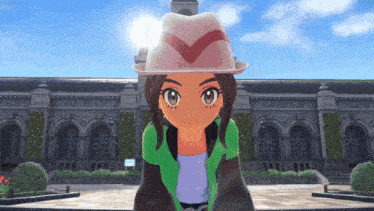 a cartoon girl wearing a hat and a green jacket
