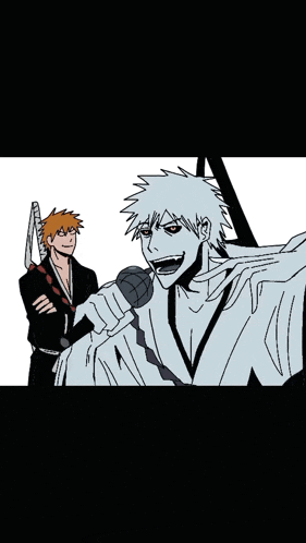 two anime characters are standing next to each other and one is holding a sword