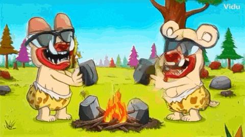 a couple of cartoon characters are standing next to a campfire in a field .