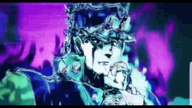 jojo 's bizarre adventure stardust crusaders is a cartoon character with a purple and blue background .