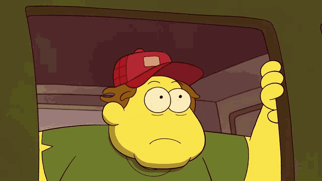 a cartoon character wearing a red hat and green shirt