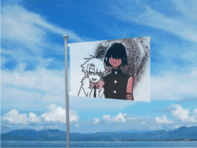 a flag with a picture of two boys on it
