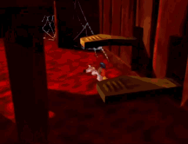 a cartoon character is playing a piano in a video game