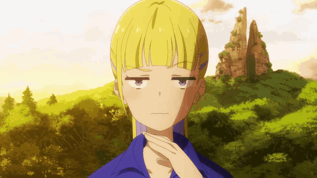 a girl with blonde hair and blue eyes is making a face