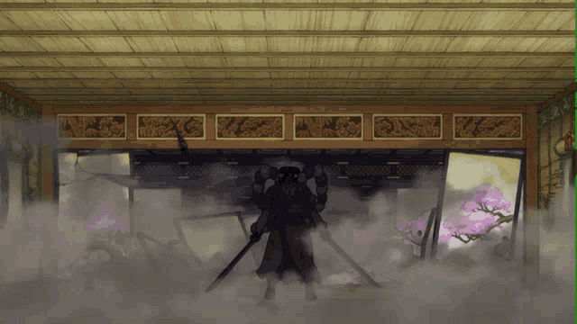 a silhouette of a man holding a sword in front of a painting of flowers