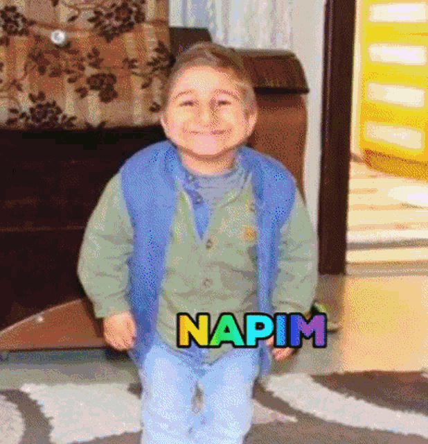 a little boy wearing a blue vest and a green shirt with the name napim on the bottom right