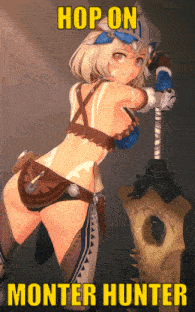a poster of a girl holding a sword with the words hop on monter hunter on the bottom