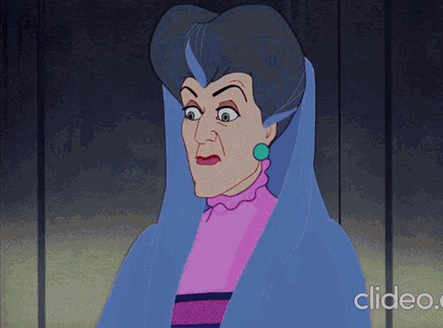 a cartoon of a woman wearing a blue veil and earrings with the words clideo.com in the upper right corner