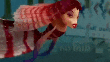 a cartoon character with red hair and a white tail is standing in front of a wall .