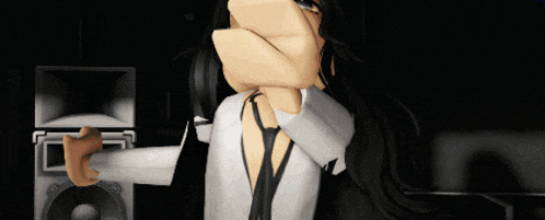 a cartoon character is standing in front of a speaker