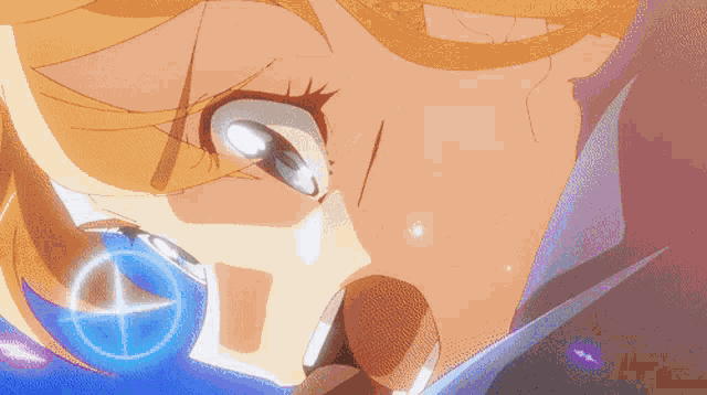 a close up of a girl 's face with blue eyes