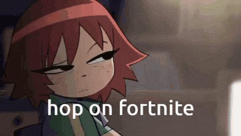 a cartoon girl says " hop on fortnite " in a dark room
