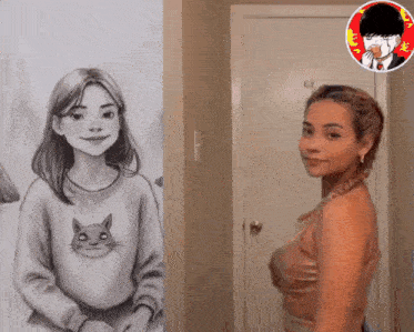 a woman is standing in front of a drawing of herself in a cat sweater .
