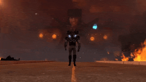 a man in a military uniform stands in front of a large explosion