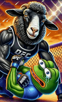 a cartoon of a sheep fighting a green frog with hhr written on his gloves