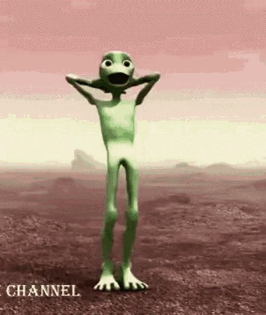 a green cartoon character is standing in a field with his hands behind his head .