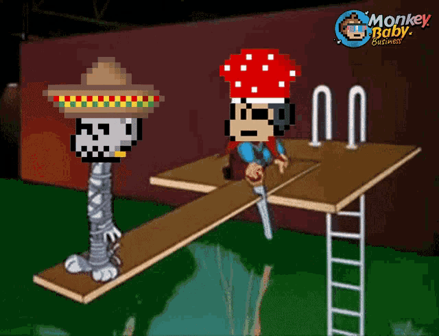 a pixel art of a skeleton wearing a sombrero and a monkey baby game