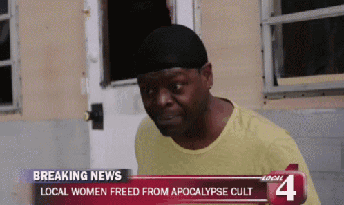a man is standing in front of a breaking news headline that says local women freed from apocalypse cult