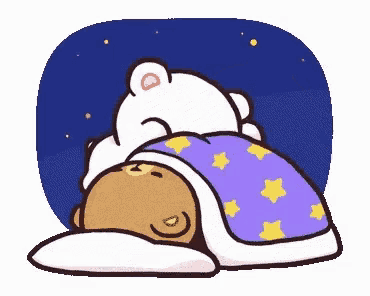 a cartoon of two bears sleeping under a purple blanket with stars on it .