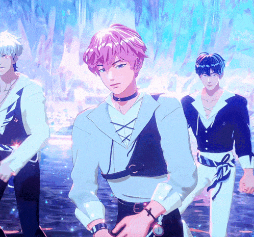 three anime characters are standing in front of a glowing background