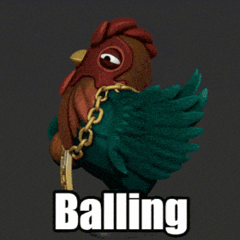 a cartoon chicken with a gold chain around its neck is holding a basketball and the word balling is below it