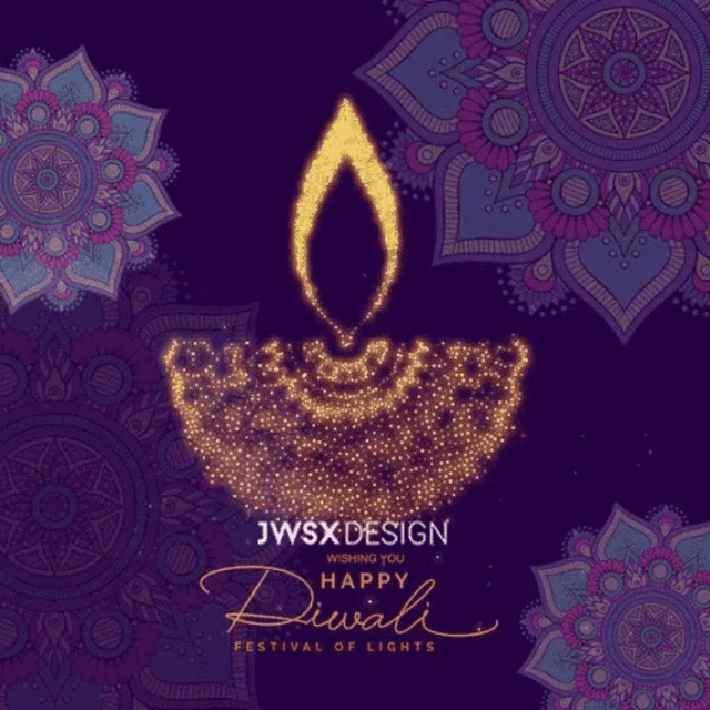 a greeting card for diwali with a candle made of lights