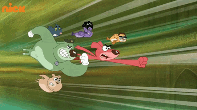 a group of cartoon characters are flying through the air with the nick logo in the corner