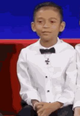 a young boy wearing a white shirt and a black bow tie is sitting on a red couch .
