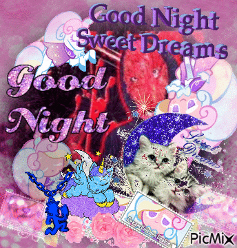 a good night sweet dreams greeting card with cats and unicorns