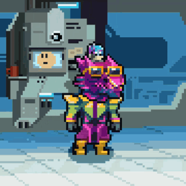 a pixel art of a person wearing sunglasses and a purple mask