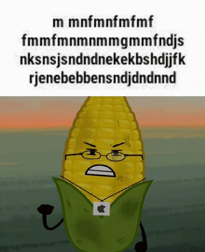a cartoon corn on the cob with glasses and an apple tag