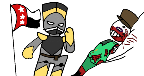 a cartoon drawing of a knight holding a flag and a man with a top hat