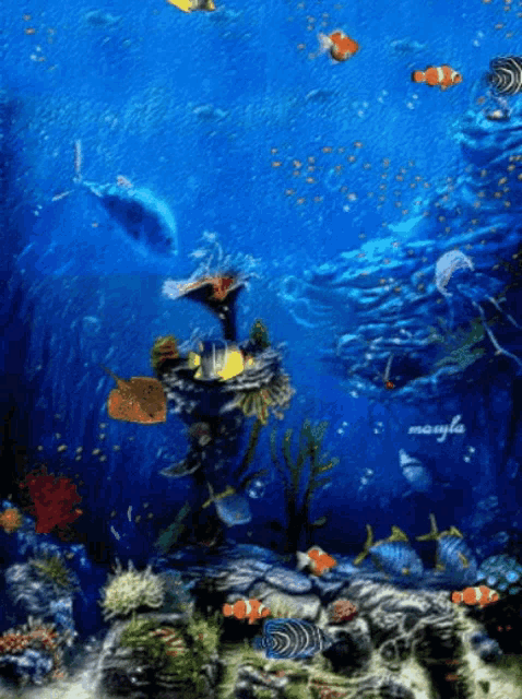 a painting of a coral reef with clown fish and a dolphin in the background