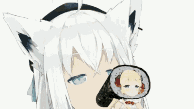 a white anime girl is holding a roll of sushi