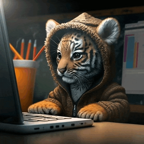 a tiger cub wearing a hoodie is using a laptop